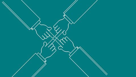 Grafik 4 Hände zeigen auf Punkt in der Mitte Grafik 4 Hände zeigen auf Punkt in der Mitte