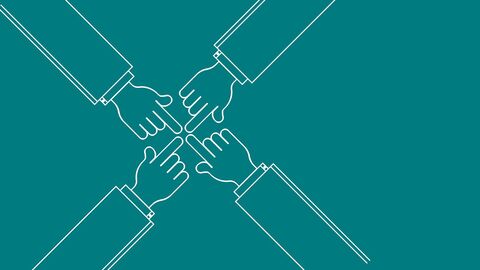 Grafik Grafik 4 Hände zeigen auf Punkt in der Mitte