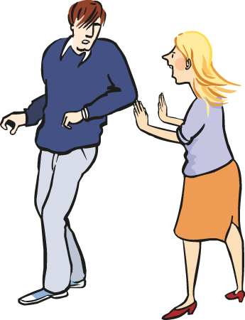Eine Frau wehrt einen Mann ab.